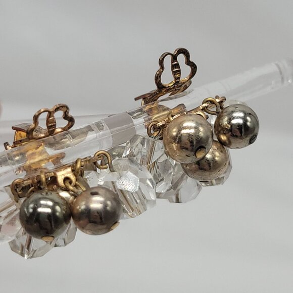 Vintage Cluster Clip-On Earrings With Clear Faceted Beads & Silver-Tone Balls - Picture 9 of 11